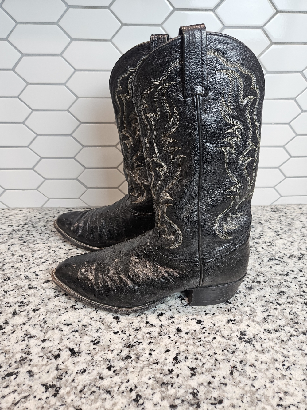 Tony Lama Black Ostrich Cowboy Boots with Embroidered Shaft - Picture 5 of 11